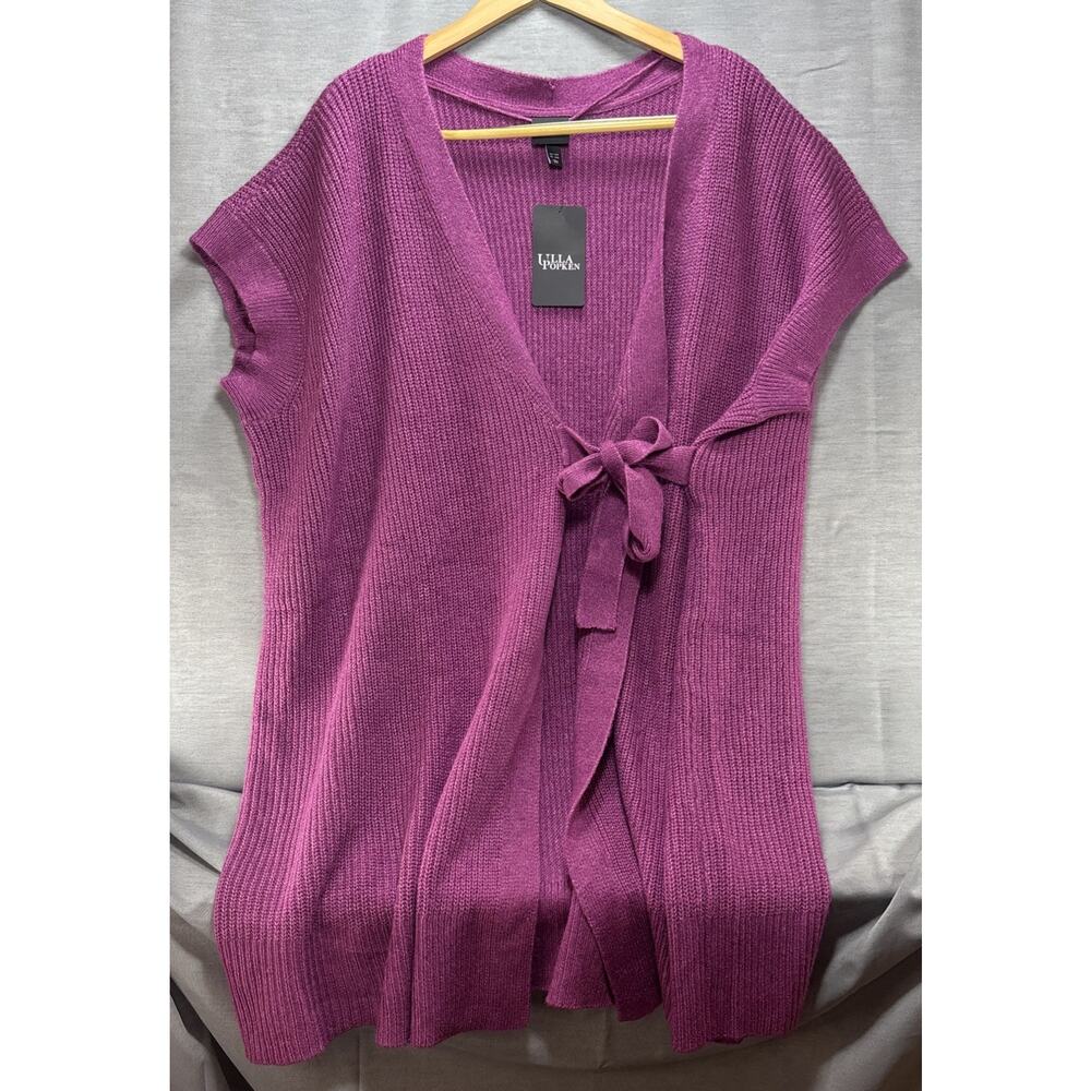 Ulla Popken Woman's 24/26 Open Cardigan Sweater Short Sleeve Belt Long Purple